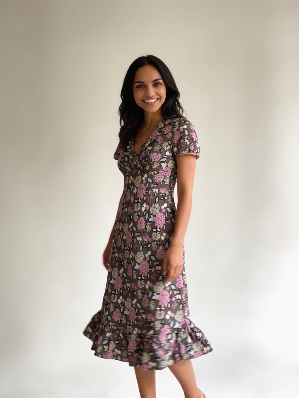 BODEN Brown Floral V-Neck Ruffle Hem Short Sleeve Dress Size 10R